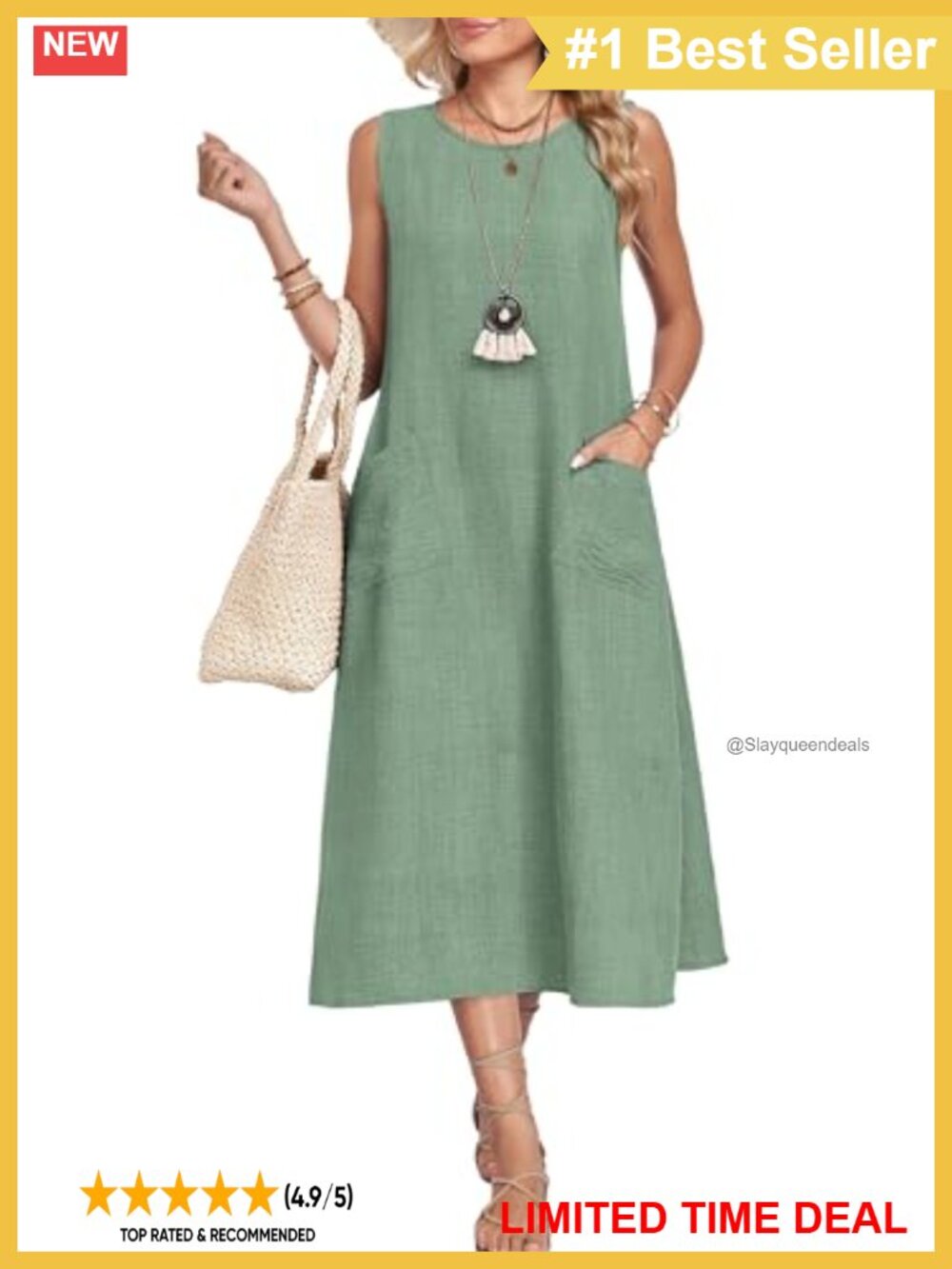 Women's Midi Sleeveless Casual Dress Polyester Pockets Summer Beach